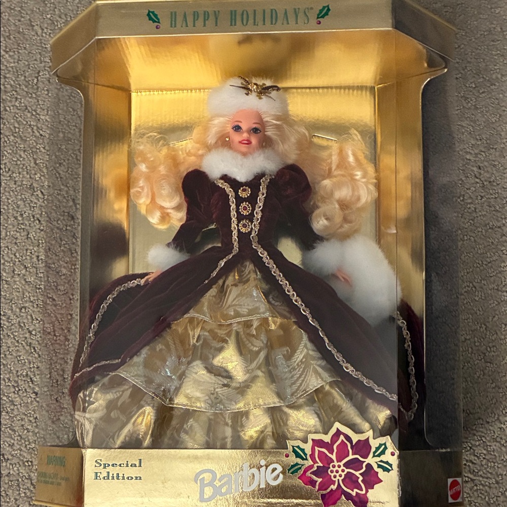 1996 Barbie Holiday Edition in Burgundy and Gold Gown